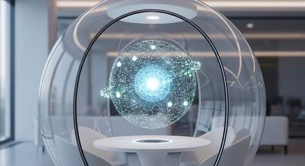 Futuristic Orb: Witness a captivating spherical structure. Inside it, a brilliant, glowing core hums with potential, casting an ethereal light.