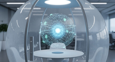 Futuristic Chamber of Ideas: Within a sleek, transparent chamber, a glowing orb of interconnected data hovers above a modern table, hinting at innovation, technology, and cutting-edge thought.