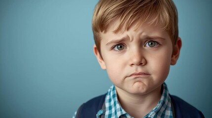 A young boy with a concerned expression stands against a light blue background, showcasing his worried demeanor and innocent charm.