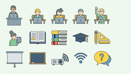 A collection of flat design icons representing online education, e-learning, students, teachers, and various study tools and classroom elements.