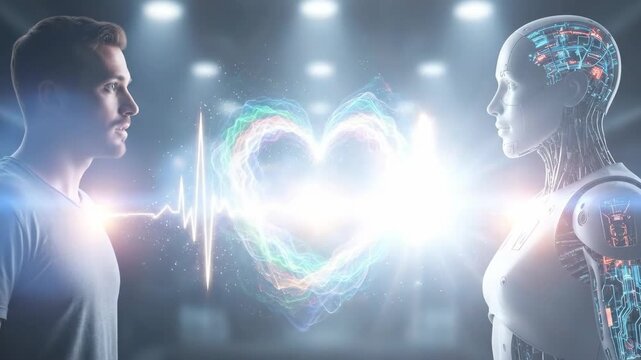 A man and a robot stand facing each other, with a radiant heart-shaped energy field between them