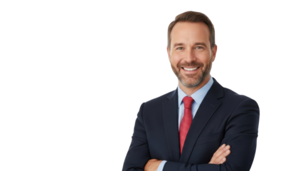 Confident businessman standing with arms crossed, smiling at camera, wearing navy suit and red tie, isolated on white background, high fidelity portrait.