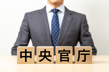 「中央官庁」と書かれたブロックとビジネスマン
