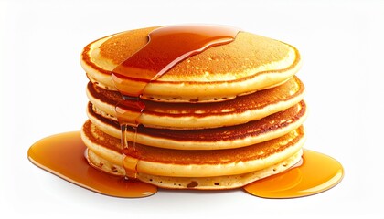 Stack of pancakes with syrup on a white background suitable for breakfast menus, food blogs, and social media posts. Delicious morning treat.