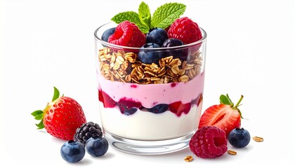 Yogurt parfait with berries granola and mint leaves. Perfect for healthy lifestyle blogs, recipe cards, or breakfast menu designs. Fresh yogurt parfait with vibrant berries, granola, and mint leaves.
