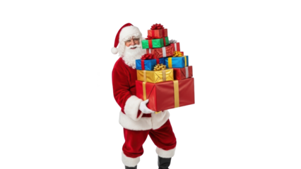 Santa Claus holding large stack of colorful gift boxes, smiling, in festive red suit, isolated on white, high fidelity rendering