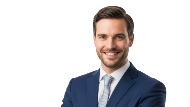 Smiling businessman in blue suit and tie looks directly at camera with friendly expression on white background - Powered by Adobe