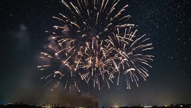 Stunning Long Exposure of Colorful Fireworks Bursting in a Starry Night Sky with Vibrant Displays