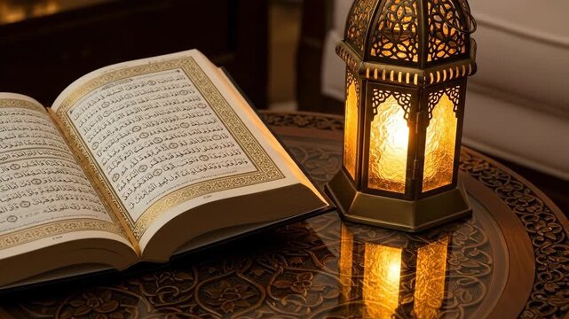 A holy book open on a table beside a decorative lantern, illuminated by the light within. The book's pages feature intricate calligraphy