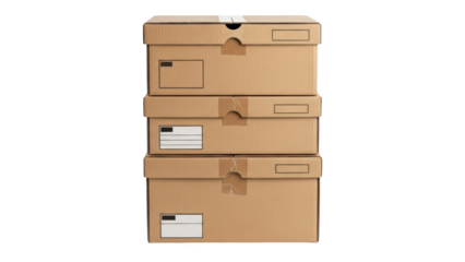 Stacked brown cardboard boxes with labels on a white background for storage or shipping purposes