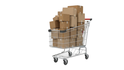 Shopping cart filled with numerous cardboard boxes viewed from a slight angle