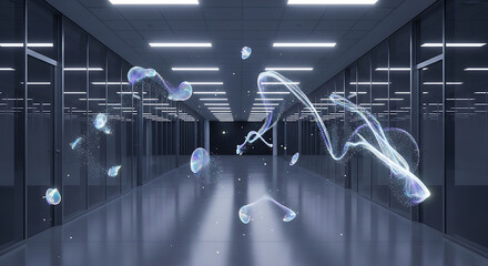 Data Stream Symphony: Abstract digital artwork, a dance of data within a server room. Evoking the unseen, yet critical, network that defines our world.