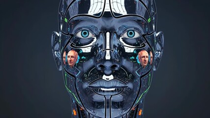 A detailed digital portrait presents a futuristic robotic head. Its design blends metallic surfaces and internal components