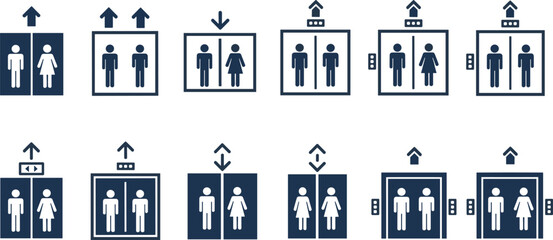 Elevator symbols and people icons set illustrating lift movement, direction signs, gender figures, up and down arrows, transportation pictogram collection © MDALRAFIN