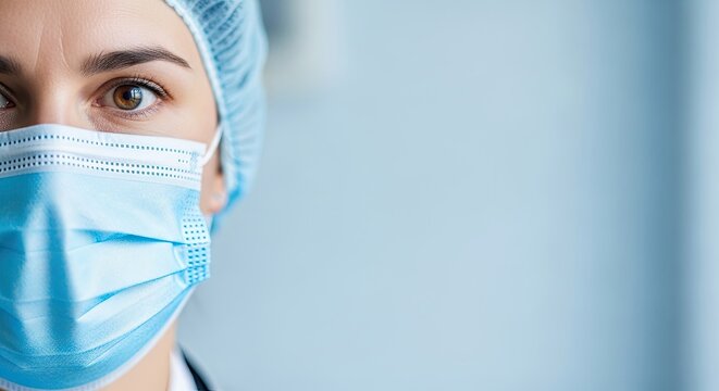 A healthcare professional wearing a surgical mask and cap, looking directly at the camera.