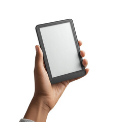 Hands holding e reader device from side angle with blank screen Isolated on a transparent background