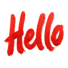 Hello handwritten with thick red paint brush strokes isolated on transparent background