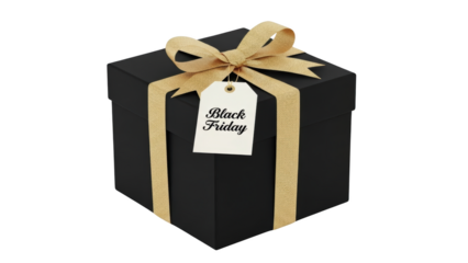 Black Friday gift box with gold ribbon and tag on white background for shopping