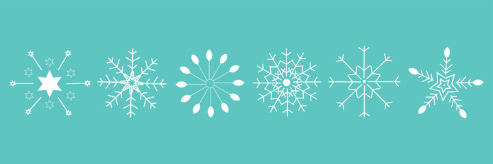 Set of cute symmetric blue snowflakes isolated on a transparent background. Cartoon decorative elements. Editable stroke. Ideal for Christmas, New Year, and winter designs