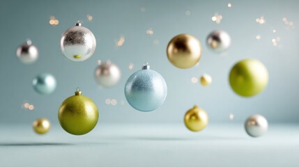 A collection of colorful Christmas ornaments floating against a soft blue background, creating a festive and whimsical atmosphere.