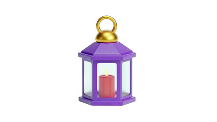 Purple Lantern with Lit Candle on White Background