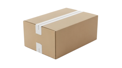 A brown cardboard box with white tape on a plain background is shown closed.
