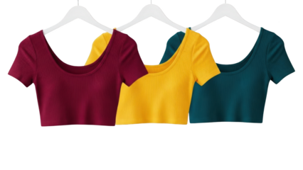 Colorful knit tops displayed on hangers against a clean white background.
