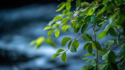 Fresh Green Leaves Over Flowing Water Background