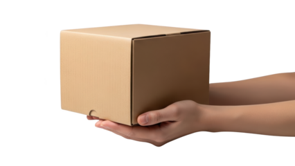 Person holding a cardboard box in their hands on white
