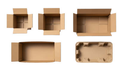 Brown cardboard boxes in various open states on white background for packaging solutions