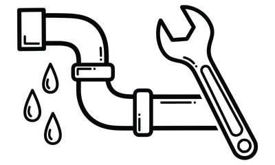 Leaking Pipe Plumbing Repair Wrench Outline Black White Icon Vector