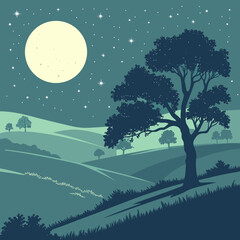 Naklejka premium Nighttime landscape under full moon