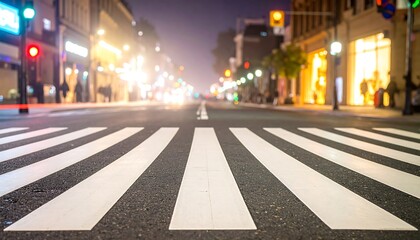 Vibrant City Street Crosswalk at Night with Illuminated Buildings and Blurry Lights