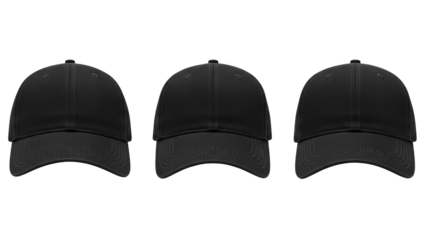 Three black baseball caps displayed side by side on a white background, high fidelity image.