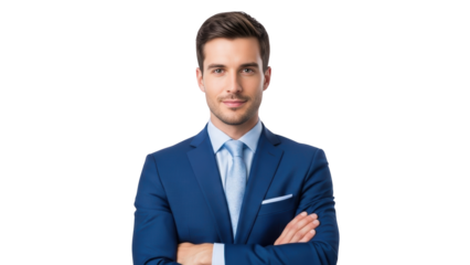 Confident businessman standing with arms crossed wearing blue suit and tie looking forward