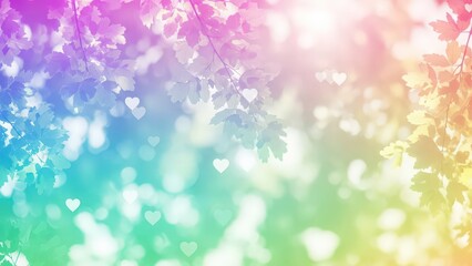 Obraz premium Vibrant rainbow background with heart shaped leaves and bokeh lights