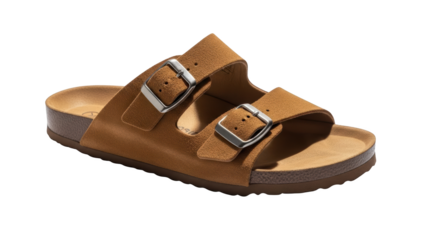 Brown suede sandal with silver buckles on straps shown on white background in studio