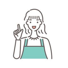 緑のエプロンをつけた女性が指さしポーズをしているイラスト・シンプルな線画