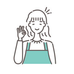 緑のエプロンをつけた女性がOKサインをしているイラスト・シンプルな線画