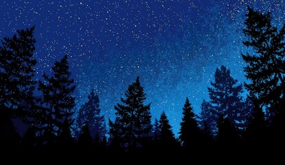 Fototapeta premium Silhouettes of pine trees against a starry night sky