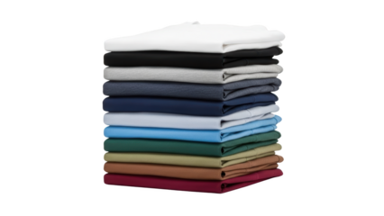 Stack of folded clothing items in various colors arranged neatly on top of each other in a high-quality image