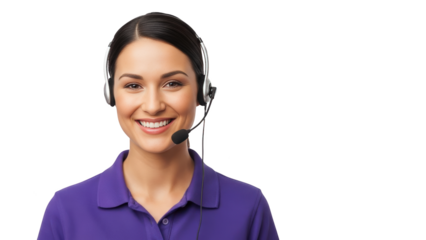 A smiling customer service representative wearing a headset and purple shirt is visible from the chest up against a white background.