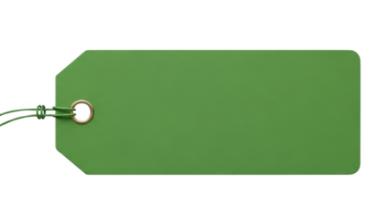 A green label tag with a string attachment is displayed on a white background, viewed from directly above, showing its blank surface.
