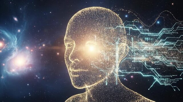 A human face merges into a futuristic circuit board in a celestial atmosphere. Glowing particles compose the outline