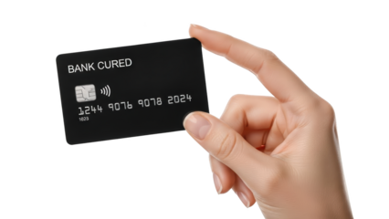 A hand holds a black Bank Cured credit card on a white background
