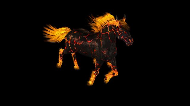 Fire Horse - Fantasy Creature - Chinese Zodiac Animal 2026 - Gallop Loop - Front Top Angle Close Up - Alpha Channel - Full HD 3D fantasy creature animation isolated on transparent background