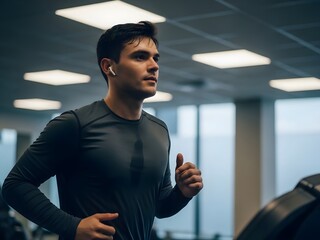 Focused Young Man in Sportswear Running on Treadmill with Earbuds During Fitness Workout at Modern Gym