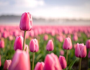 Field of pink tulips blooming in the soft morning light