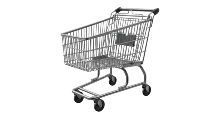 An empty shopping cart sits on a white background with wheels and metal frame.