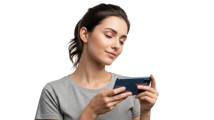 A young woman intently gazes at her smartphone screen with a subtle smile in a studio setting.